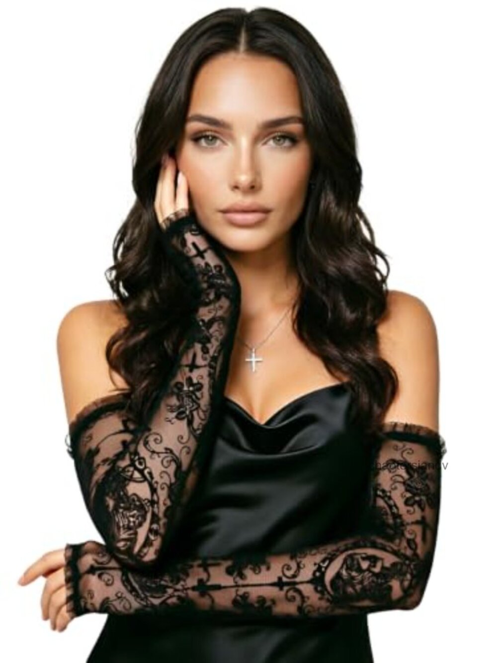 Long Lace Fingerless Gloves Cross Arm Sleeves Elegant Cosplay Party Opera